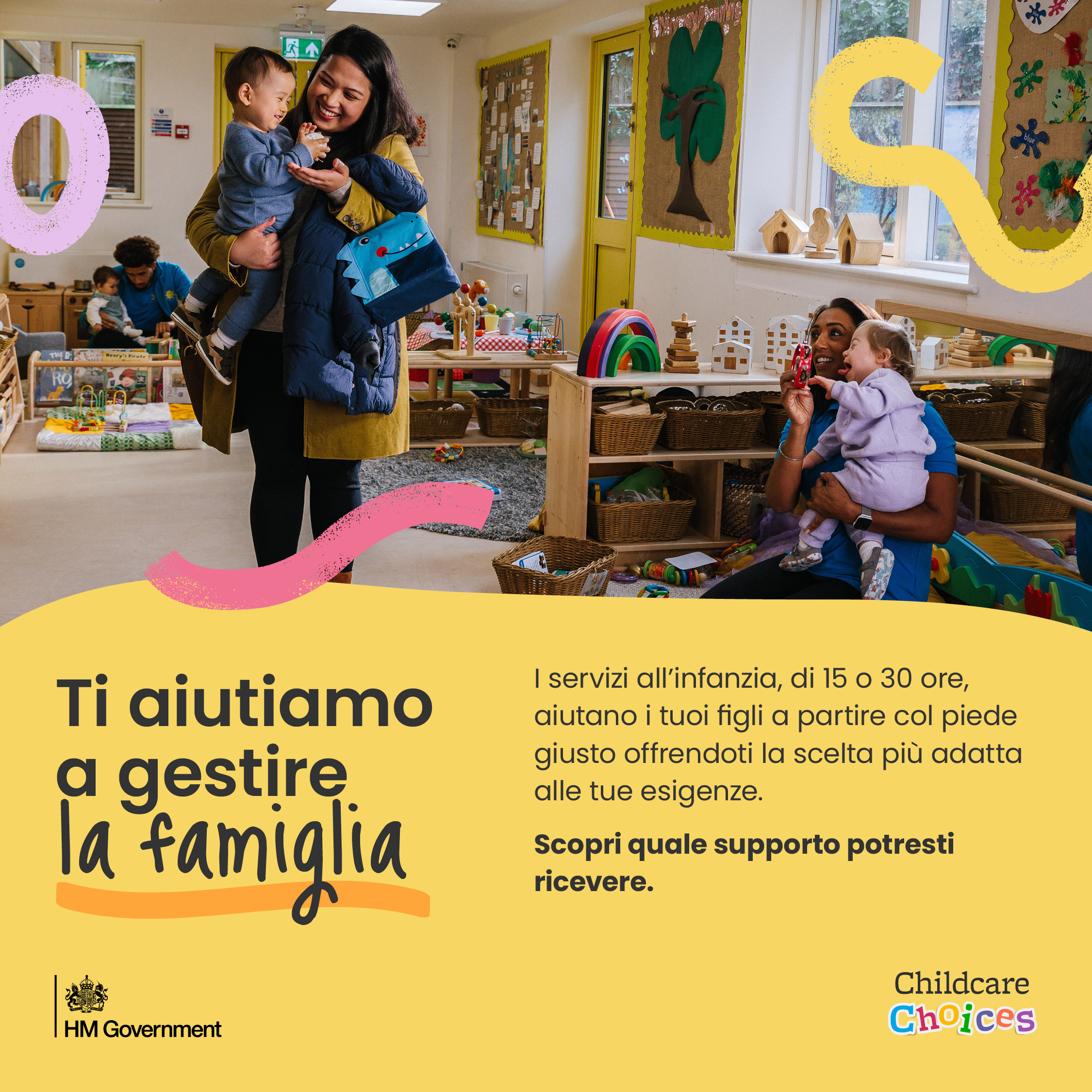 Yellow graphic with image of parent picking up child from nursery. 