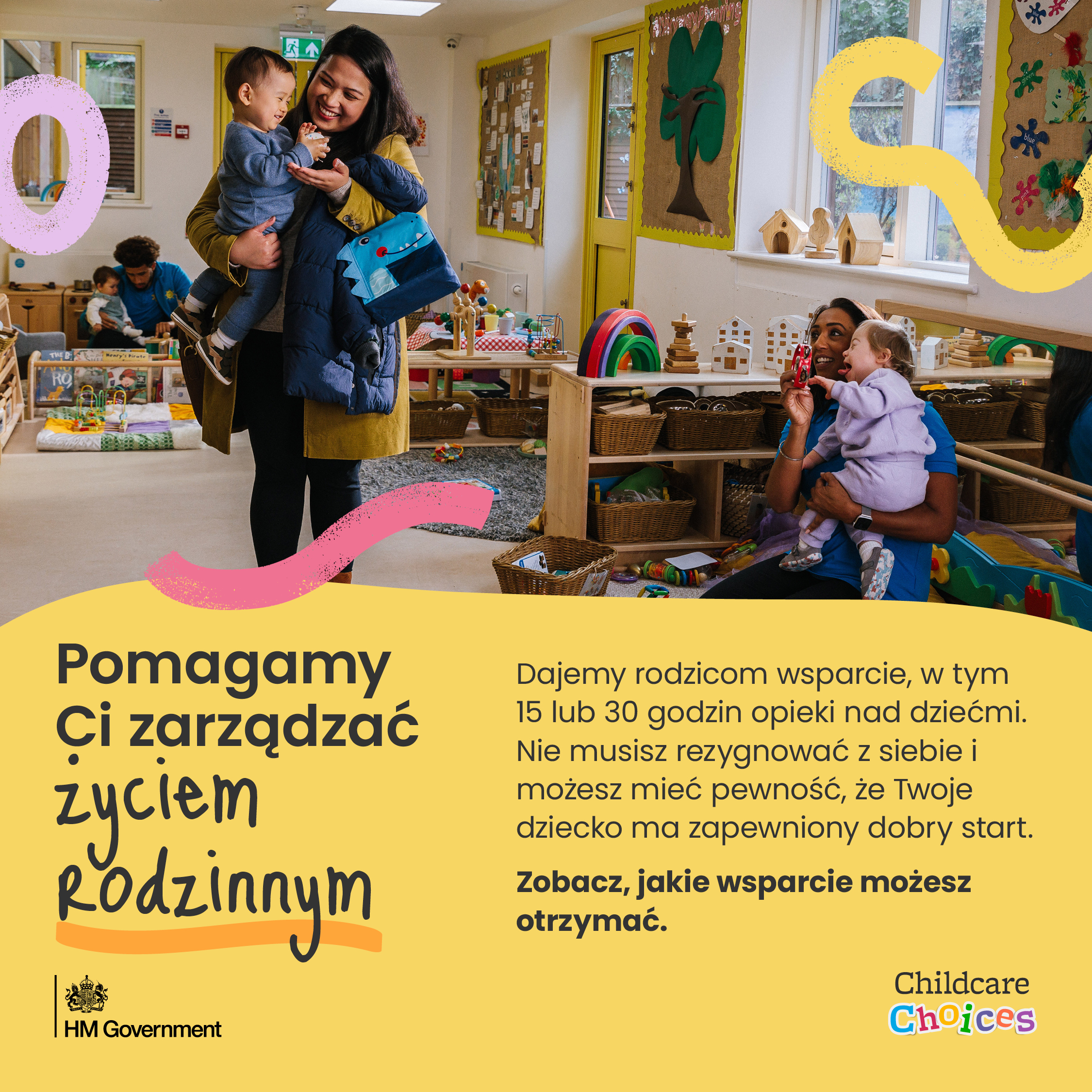 Yellow graphic with image of parent picking up child from nursery. 