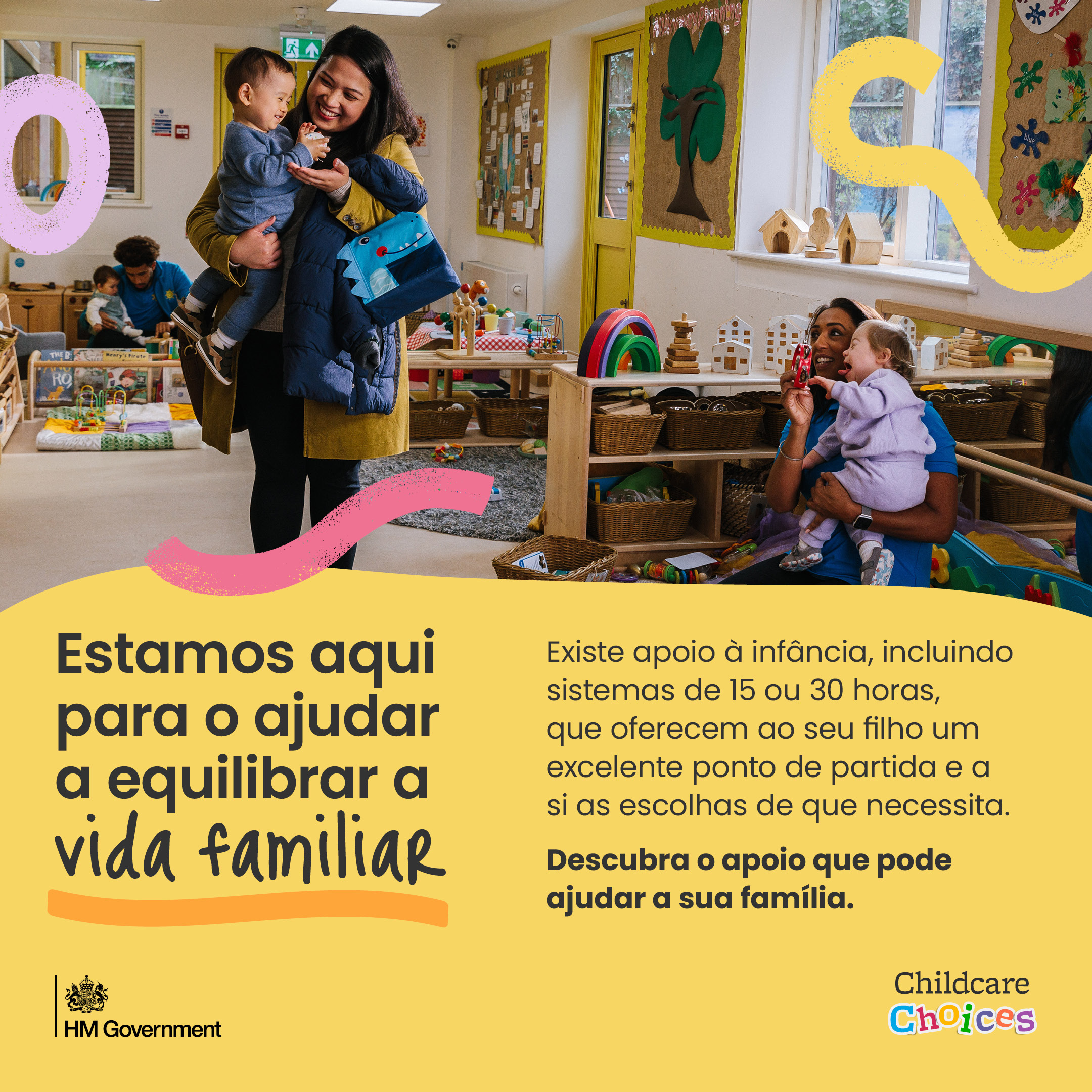 Yellow graphic with image of parent picking up child from nursery. 