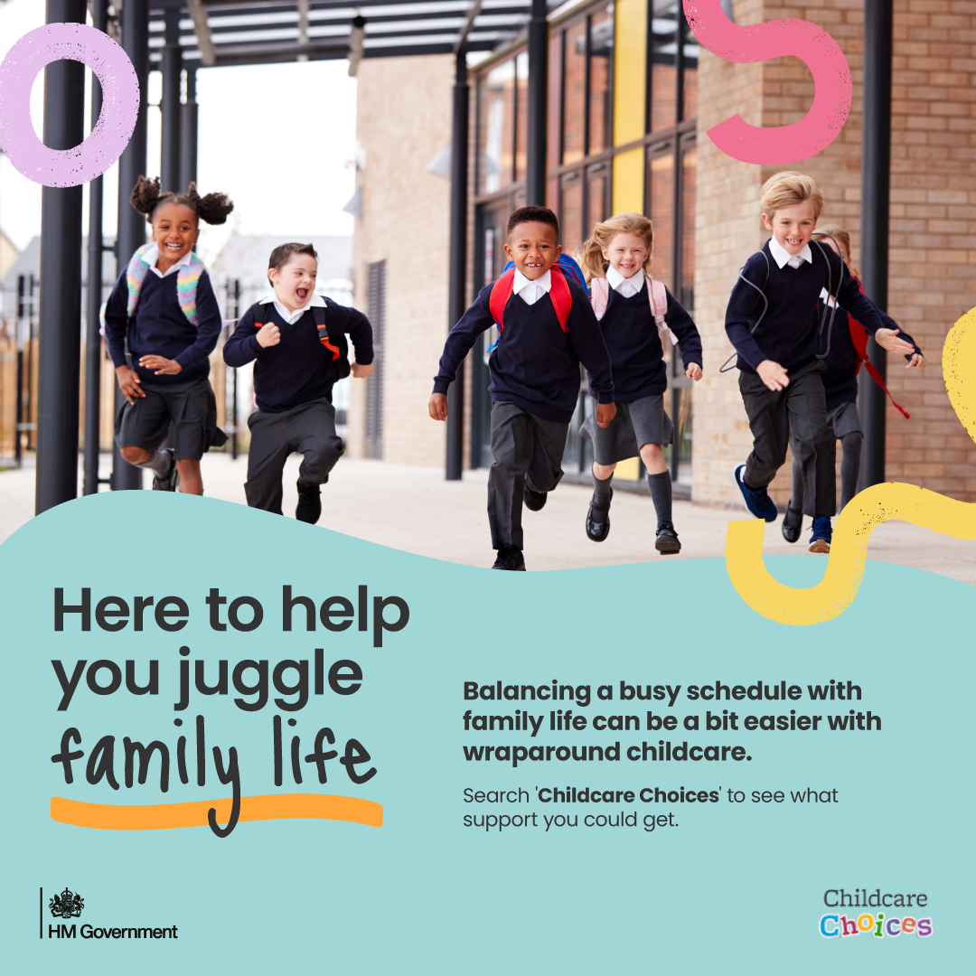 Photo of children running into school - graphic about wraparound childcare and it's benefits