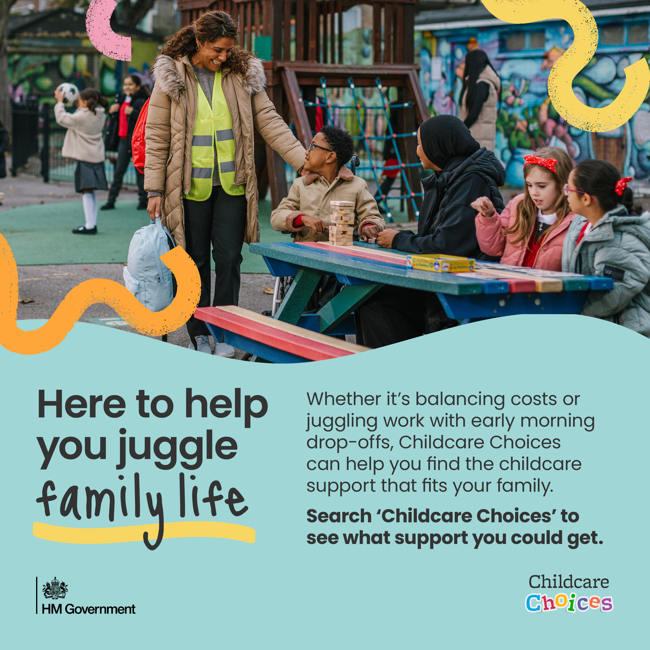 This graphic has copy about how childcare can help balance costs and work, and tells you to search childcare choices for more information.