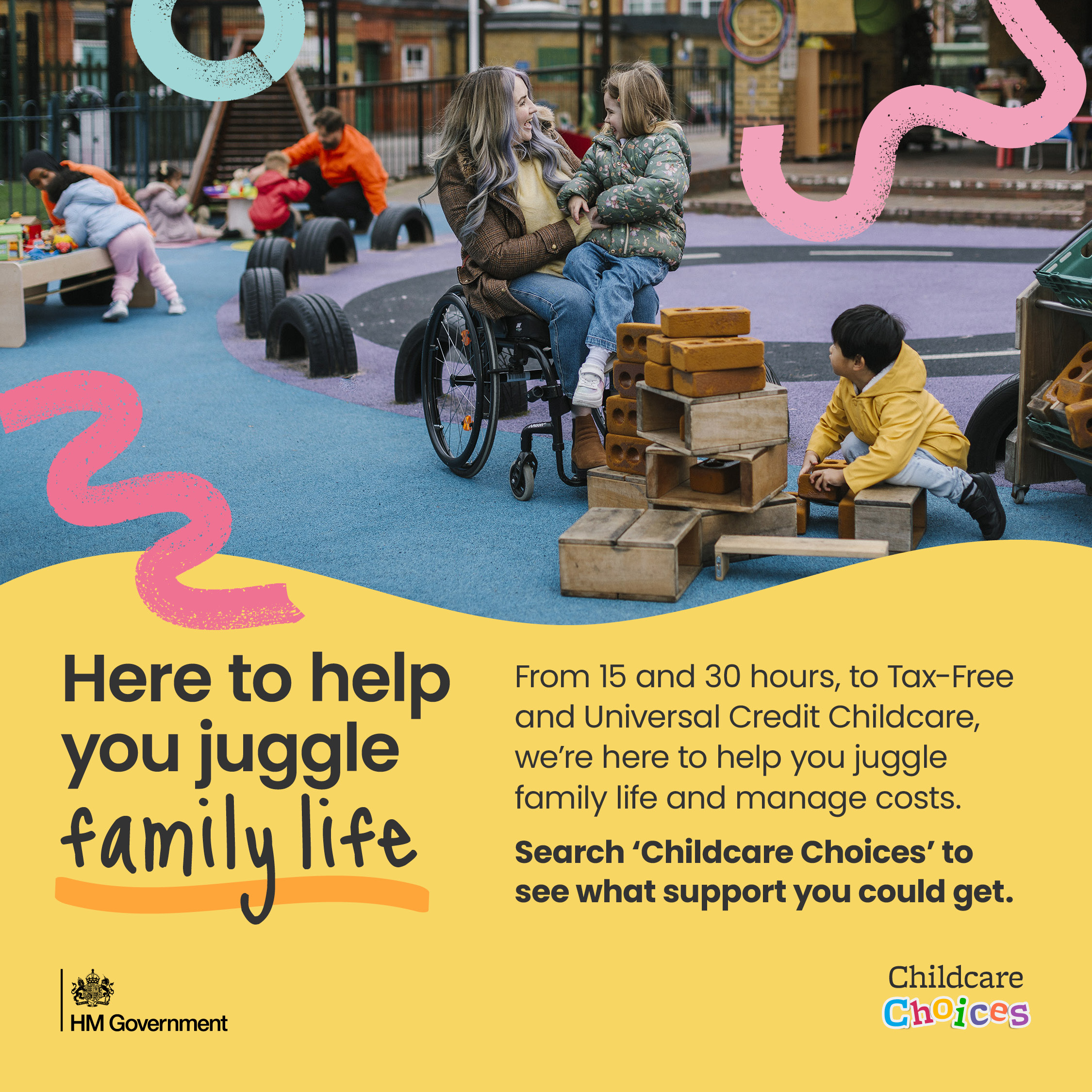 This graphic talks about all 3 childcare support offers, and tells you to search childcare choices to find out more.