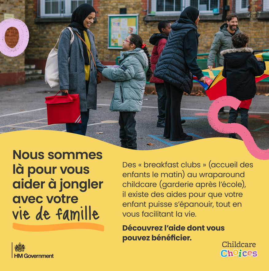 A school aged child being collected from an after-school club, with accompanying text about wraparound childcare.