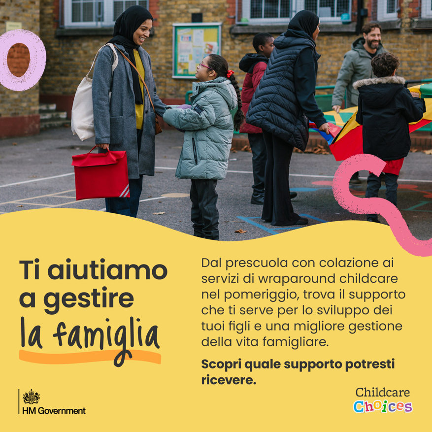 A school aged child being collected from an after-school club, with accompanying text about wraparound childcare.