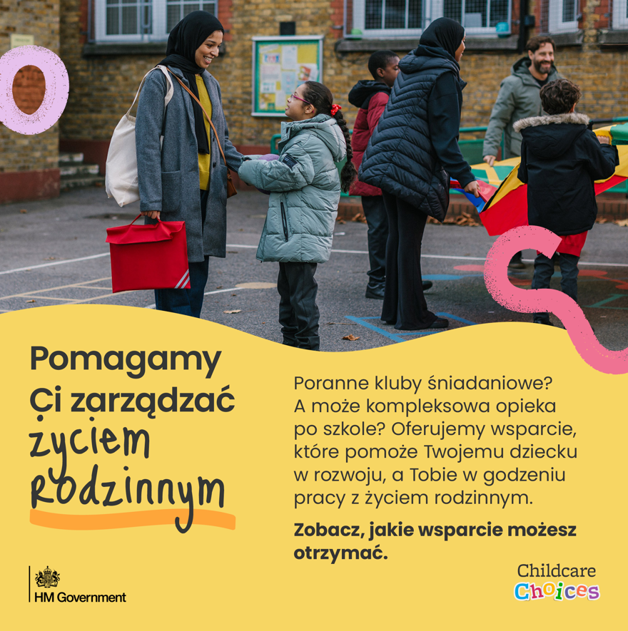 A school aged child being collected from an after-school club, with accompanying text about wraparound childcare.