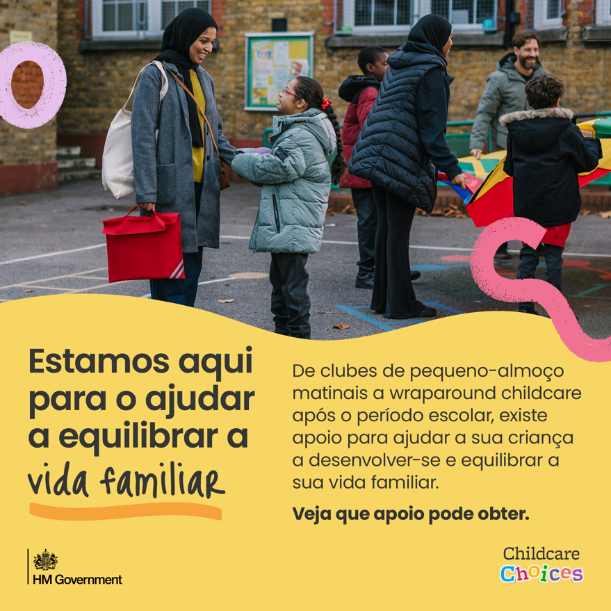 A school aged child being collected from an after-school club, with accompanying text about wraparound childcare.