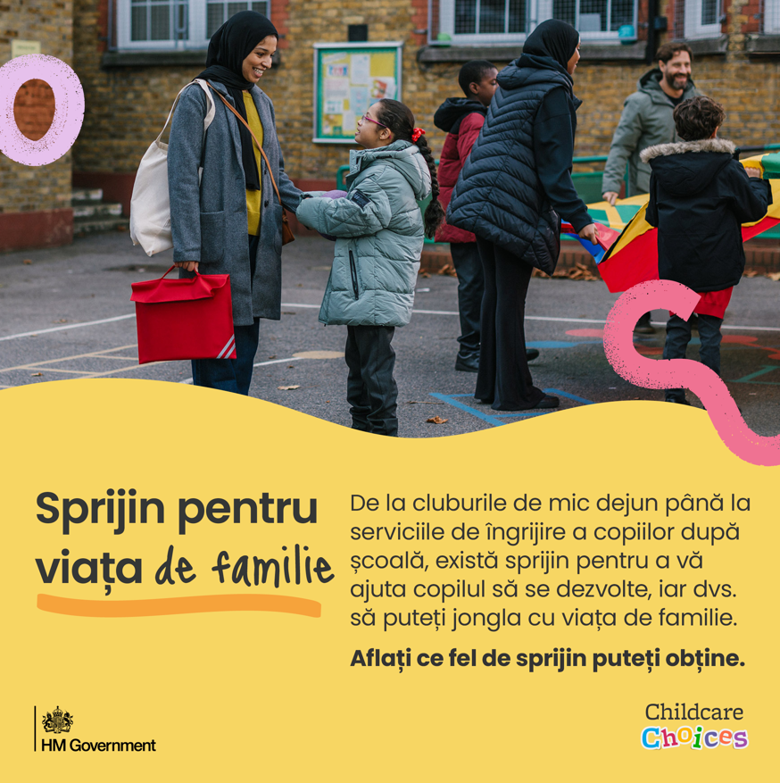 A school aged child being collected from an after-school club, with accompanying text about wraparound childcare.