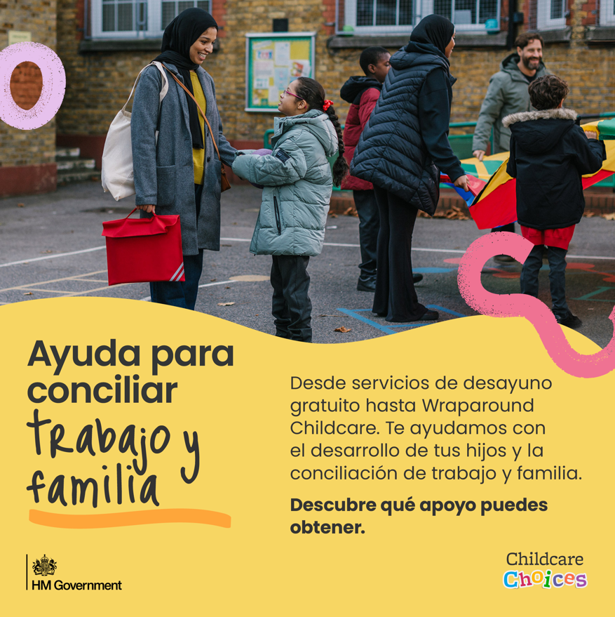 A school aged child being collected from an after-school club, with accompanying text about wraparound childcare.